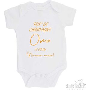 100% katoenen Romper """"Pop"" de champagne Oma is jouw nieuwe naam!"" Unisex Katoen Wit/mosterd Maat 56/62