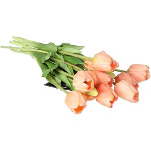 Bellatio Design Kunst tulpen boeket Sally - 7x stuks - zalm kleur - real touch - 47 cm