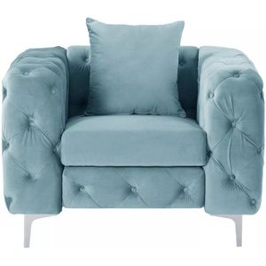 Vente-unique Chesterfield-fauteuil van pastelblauw velours EDWINA L 106 cm x H 76 cm x D 91 cm