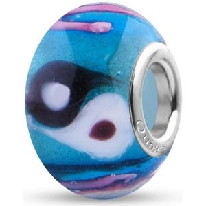 Quiges - Glazen - Kraal - Bedels - Beads Blauw met Yin Yang en Roze Streepjes Past op alle bekende merken armband NG2009