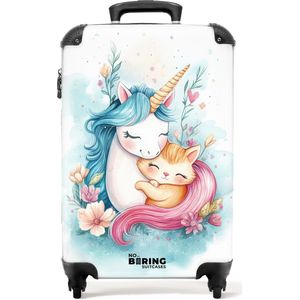 NoBoringSuitcases.com® - Kinderkoffer meisje - Kindertrolley meisjes - Eenhoorn met blauwe manen en oranje kitten - Handbagage koffer lichtgewicht - Reiskoffer trolley kinderen - Rolkoffer met wieltjes - Past binnen 55x40x20 en 55x35x25