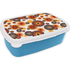 Broodtrommel Blauw - Lunchbox - Brooddoos - Design - Retro - Oranje - Bloemen - 18x12x6 cm - Kinderen - Jongen