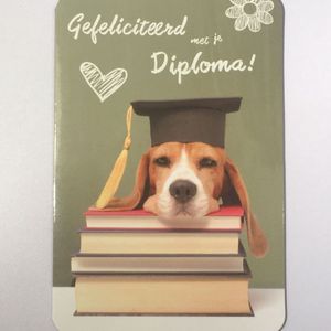 6 Luxe Geslaagd Wenskaarten - Kaart Wens Kaart Examen Geslaagd School Studie Opleiding - Gefeliciteerd Met Je Diploma - Hond Biegel Boeken Afstudeerhoed Bul - 16.2x11.5cm - Rood Wit Blauwe Envelop - Art of Cards
