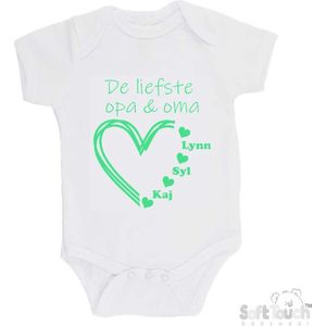 100% katoenen Romper ""De liefste opa & oma met de namen van 3 kleinkinderen"" Unisex Katoen Wit/mint Maat 62/68