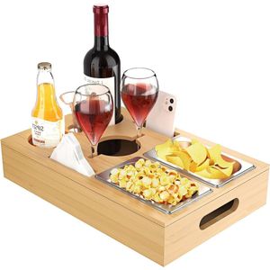 Allecto plus - 2-in-1 bamboe bankdienblad met snackschaal en bekerhouder voor woonkamer en feesten