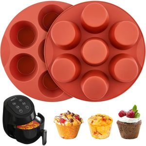 2 stuks - siliconen muffinvormen - bak mal - siliconen bakvorm - taart bakvorm - broodbakvorm - geschikt voor airfryer - anti aanbakvorm voor 7 cups - bakvorm voor muffins , cupcakes , taarten , brood - 20*20 cm - rood
