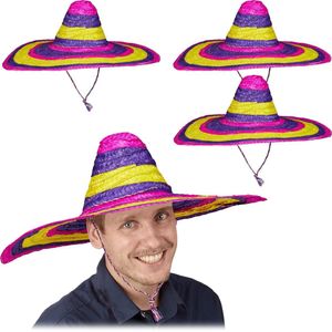 relaxdays 4 x Mexicaanse hoed - sombrero volwassenen - strohoed gekleurd - Mexico - 55 cm