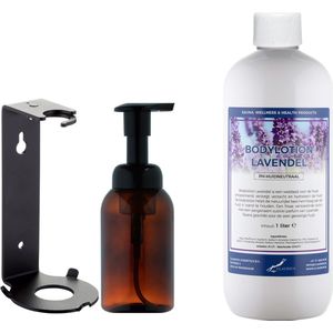 Zeepdispenser 300 ml amber bruin hervulbaar + 1 liter Bodylotion Lavendel navulling (inclusief beugel)