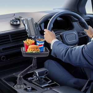 360-graden verstelbare autotafel met dienblad en mobiele telefoonhouder - multifunctionele tafel voor auto - zwart - flessenhouders - snacks - frietjes Car cup Holder