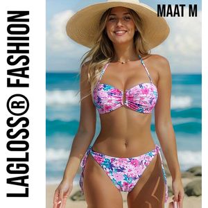 LaGloss® 2-Delige Bikini Set Roze Bloemenprint Maat M - Stijlvolle & Comfortabele Badmode