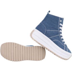 Dilena fashion Sneakers platform hoge zool denim spijker canvas donker blauw