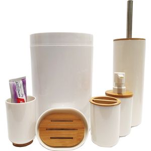 Luxe 6-delige Bamboe Toiletset - Zeepdispenser, Tandenborstelhouder, Toiletborstel, Prullenbak, Zeepbakje, Beker - Stijlvol Wit Design