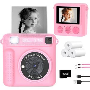 Kinder Printcamera – Roze – 48MP Fotocamera met 2.4"" Scherm, 16x Zoom & 1080P Video – Directe Printcamera met 32GB Kaart, 3 Rollen Fotopapier & USB Oplader – Creatieve Speelgoedcamera voor Meisjes en Jongens