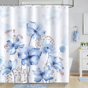 Douchegordijn met blauwe bloemen, 180 x 180 cm, anti-schimmel, waterdicht, polyester, wasbaar, badkamergordijn, met 12 haken
