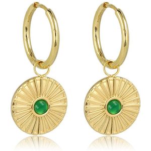 Stralende Zon Oorringen met Green Agate Pracht - Stralende Zonneschijn Oorbellen: Goudkleurige Ringen met Green Agate en Zonnetje, Nikkelvrij Stainless Steel - Voeg Stijl Toe aan Jouw Look! - My Bendel - Met luxe cadeauverpakking