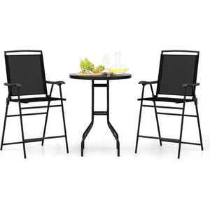 COSTWAY Bistrotafel met 2 inklapbare stoelen en paraplugat, 3-delige outdoor barkrukset, balkonmeubel, balkonset, tuinmeubelset, zitgroep, tuingarnituur voor tuin, balkon, zwembad, zwart