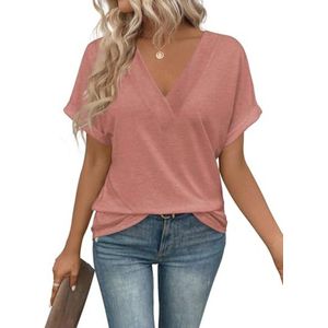 Dames V-hals T-shirt Korte Mouwen Casual Tops Effen Kleur Losse Fit