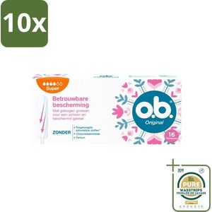 10 x o.b. Tampons - Original Super - Gebogen Groeven - Voor Betrouwbare Bescherming - 16 Tampons - Grootverpakking - Tampons - Menstruatiebescherming - Gebogen Groeven - Super Absorptie - StayDry