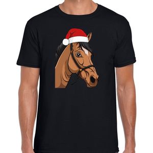 Bellatio Decorations Kerst T-shirt voor heren - paard met kerstmuts - zwart - Kerstfeest S