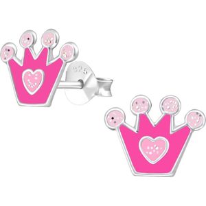 Oorbellen meisje | Kinderoorbellen meisje zilver | Oorstekers, helderroze kroon met hartje en vier roze bolletjes | WeLoveSilver