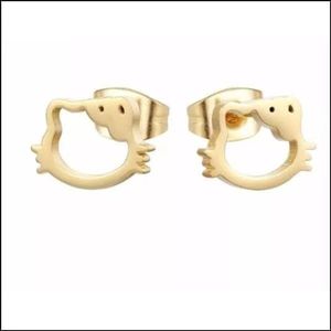 Aramat Jewels-Oorbellen-Stalen Oorbellen met Kattenmotief-Staal-Hello Kitty goldplatedkleur 7x10mm / Staal--