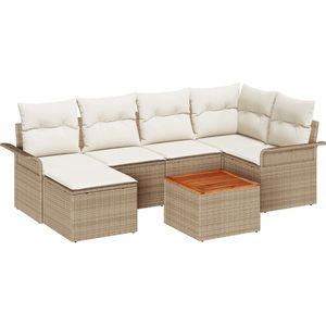 vidaXL - 7-delige - Tuin - Sofa - Set - met - Kussens - Beige - Poly - Rattan - Acacia