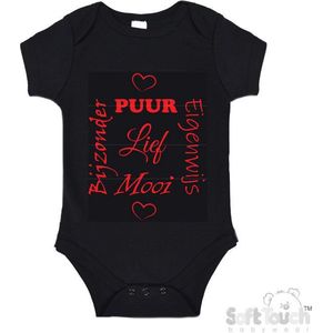 100% katoenen Romper ""Puur Eigenwijs Mooi Bijzonder Lief"" Unisex Katoen Zwart/rood Maat 62/68