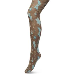Bonnie Doon Bloemen Panty 60 Denier Bruin Dames maat S/M - Bloemenprint - Gebloemd - Print - Gladde Naden - Maximaal Draagcomfort - Floral Ornament Tights - Chique Panty - Feestelijk - Bruin/Blauw - Bracken - BP221905.158