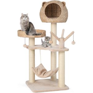 COSTWAY Kattenboom met hol, 121 cm hoog, kattenkrabpaal met hangmat & 4 pluche ballen & bed, kattenkrabpaal klein, klimboom met kattenhol, van buiszuigerdons, kattenmeubel, kattenhuis