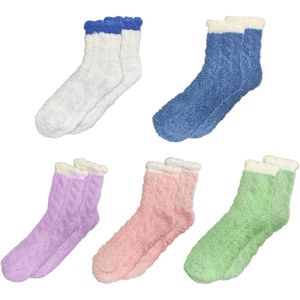 Allecto Plus - 5 paar warme pluizige sokken voor vrouwen en meisjes - Koraal Fleece - Winter sokken - Blauw Wit Roze Groen Paars - Maat 13 - Dik en Comfortabel