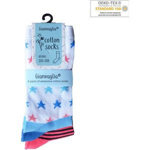 3 paar Meisjessokken met Panda, Sterren en effen blauw 27-30