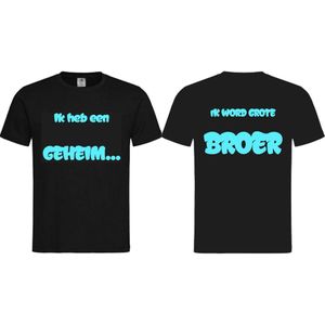 Shirt Aankondiging zwangerschap ""Ik heb een GEHEIM..."" op voorkant ""Ik word grote BROER"" op achterkant | korte mouw | Zwart/aquablauw | maat 134/140 zwangerschap aankondiging bekendmaking Baby big bro brother Grote Broer