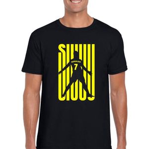 SIUUU Uniseks Kids T-Shirt - Zwart met geel - Maat XS- 13 | 15 jaar - Korte mouwen - Ronde hals - Moderne pasvorm - Cristiano Ronaldo - CR7 - Voetbal - Juichen - Voor jongens & meisjes - Original Kwoots - Cadeau