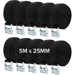 Pack of 10 - 5m x 25mm - Tie Down Straps - Verstelbare Heavy Duty Tension Straps - Lashing Straps met Cam Buckle voor Fietsdrager - Cargo Trailer - Auto Bagage - Zwart
