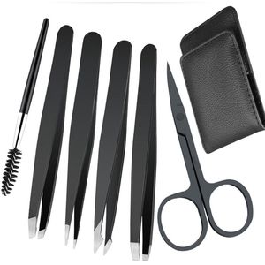 6-delig Epileer Pincet set - Wenkbrauw Trimmer - Tweezer Set - Trimmer - Pincet wenkbrauw trimmer set - 6-delig - Met 4 epileer pincetten, 1 wenkbrauw borstel en 1 wenkbrauw schaartje - Met Opbergetui - Voor Vrouwen en Mannen - Zwart