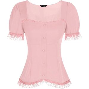 Gothic kanten blouse met korte mouwen en hartvormig decolleté - roze/grijs, maat M - dames, ruches en pofmouwen - aanbieding!