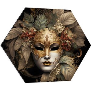 Dibond Hexagon - Venetiaanse carnavals Masker met Gouden en Beige Details tegen Zwarte Achtergrond - 80x69.6 cm Foto op Hexagon (Met Ophangsysteem)