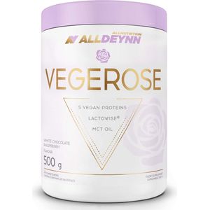 Alldeynn | Vegerose | Vegan proteine | White chocolate Raspberry | with pieces Raspberry 500gr 16 servings | Lactose vrij | Eiwitshake | Proteïne shake | Eiwitten | Lactowise | Enzymen | 5 verschillende soorten vegan eiwitten | MCT olie | Nutriworld