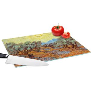 Glazen Snijplank - 39x28 - Olijfbomen met gele hemel en zon - Vincent van Gogh - Snijplanken Glas