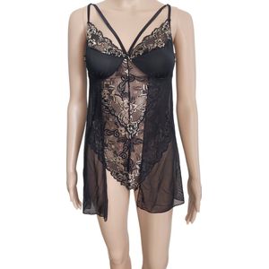 Dames - String Bodystocking - Lingerie - Met Kant en doorzichtig Lijfje - Kleur Zwart/Goud - Maat 36t/m44 - Cadeau - Kerst.