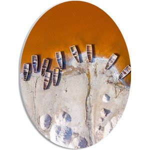 WallClassics - PVC Schuimplaat Ovaal - Bovenaanzicht van Oude Houten Vissersboten aan Oranje Getinte Zee - 30x40 cm Foto op Ovaal (Met Ophangsysteem)
