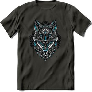 Vos - Dieren Mandala T-Shirt | Lichtblauw | Grappig Verjaardag Zentangle Dierenkop Cadeau Shirt | Dames - Heren - Unisex | Wildlife Tshirt Kleding Kado | - Donker Grijs - XL