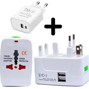 Reisstekker Universele Wereldstekker met 2 USB-A USB Snellader Poorten - inclusief Fast Charge oplaad adapter oplader USB A USB C ingang - Internationale Reisstekker - Wereldstekkers - Wit