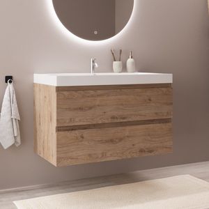 LOMAZOO Badkamermeubel Licht Eiken 80 cm - Wastafel Wit - Wastafelmeubel - Wastafelkast Zwevend [MONACO]