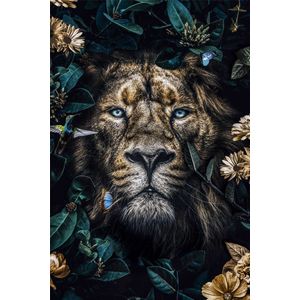 Foto Glas Art - Leeuw tussen bladeren en bloemen,80x120cm, prachtig voor in de woon en of slaapkamer, inclusief ophang materiaal