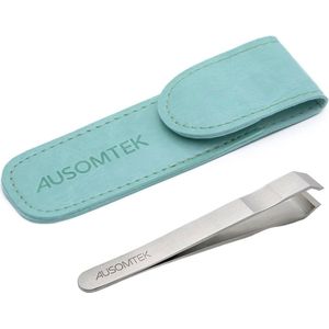 AUSOMTEK Beard Tweezers, Hair Picking Tweezers, Fine Hair Removal Tweezers, Eyebrows Tool, Stainless Steel, 10mm Tip, Anti-Slip Slot Design, Cyan PU Case 1Pack