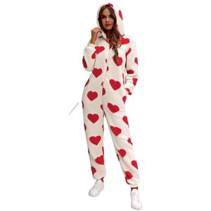 Dames Sweet Heart-patroon, harige Sherpa-romper, ultrazachte onesie, pyjama, jumpsuit, broek met capuchon