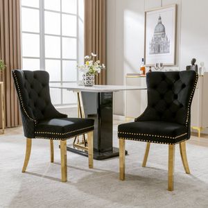 SINGULARITY Eetkamerstoelen - 2 Stuks - Spijkerkop - Poten van verguld roestvrij staal - Fluweel - Zwart/Goud