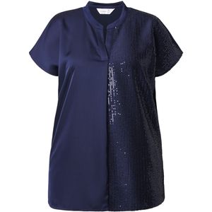 MIAMODA - Dames - Overhemdblouse voorkant half met pailletten jersey achterkant - Donkerblauw - Maat 42