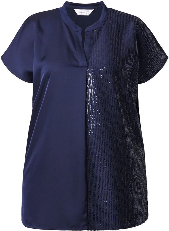 MIAMODA - Dames - Overhemdblouse voorkant half met pailletten jersey achterkant - Donkerblauw - Maat 42